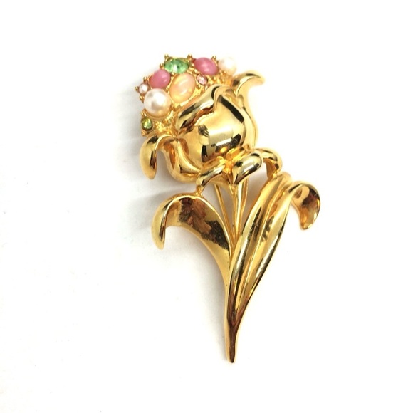 VINTAGE GIVENCHY TULIP BROOCH PIN PEARL ART GLASS GOLD TONE RARE FLOWER UNSIGNED - Picture 5 of 17